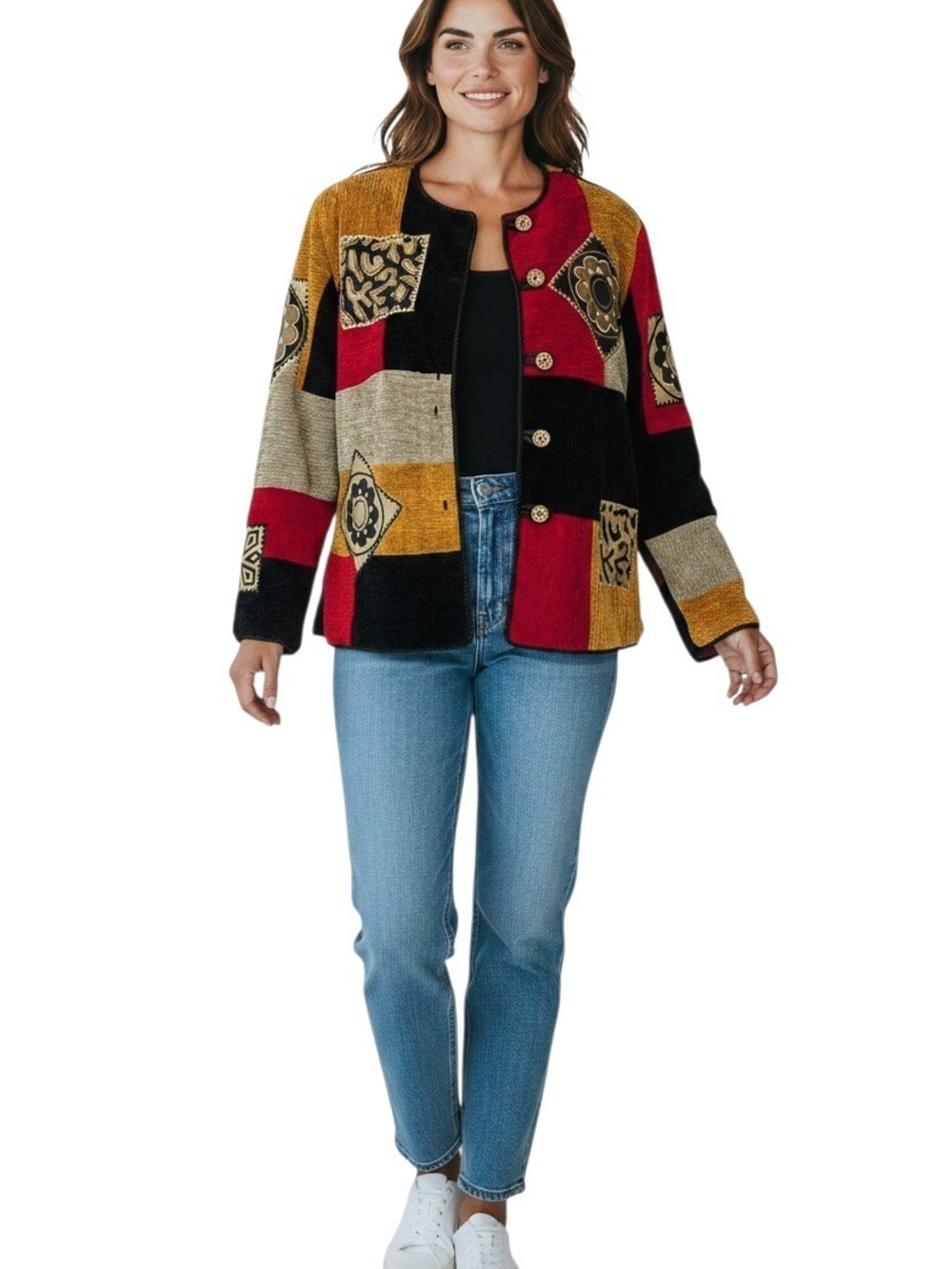 Allure Women Multicolor Patchwork Button Front Lined Short Jacket Long Sleeve S.